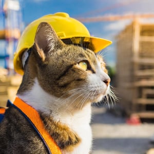 Firefly Cat worker profile in front of working and construction site 82377